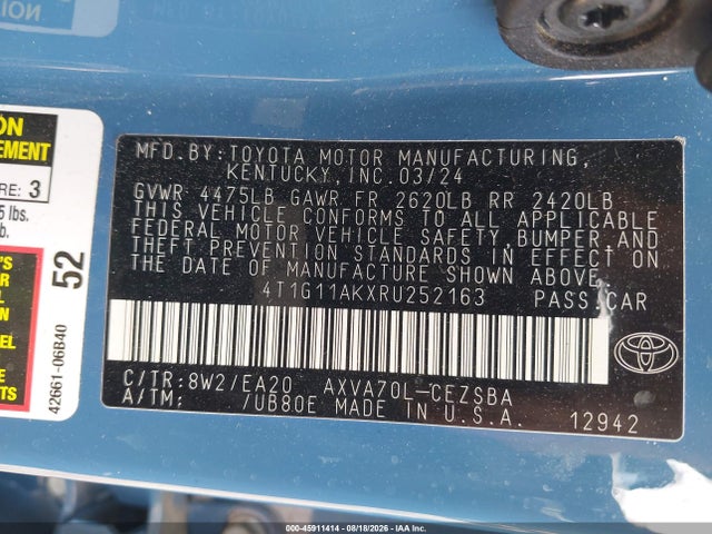 2024 Toyota Camry Se მანქანა იყიდება აუქციონზე, vin: 4T1G11AKXRU252163, აუქციონის ნომერი: 45911414