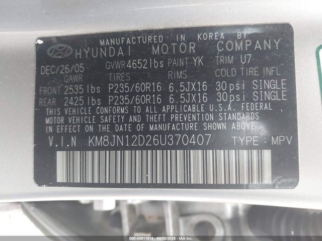 Aukcja sprzedaży 2006 Hyundai Tucson Gls/limited, vin: KM8JN12D26U370407, numer aukcji: 45911416