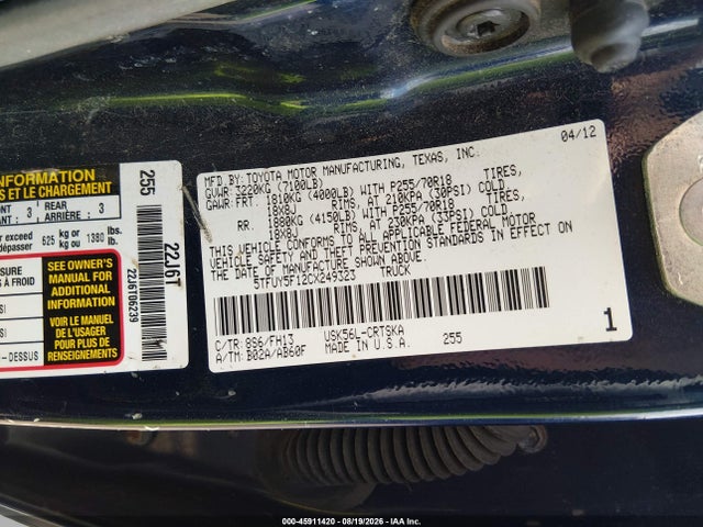 Продажа на аукционе авто 2012 Toyota Tundra Grade 5.7l V8, vin: 5TFUY5F12CX249323, номер лота: 45911420