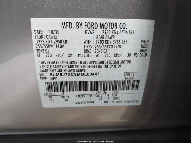 45911432 :رقم المزاد ، 5LM5J7XC8MGL03447 vin ، 2021 Lincoln Aviator Reserve مزاد بيع