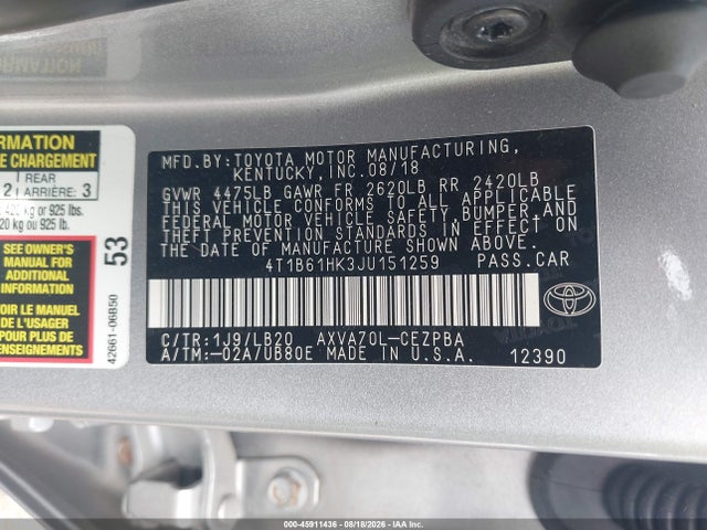 2018 Toyota Camry Xse მანქანა იყიდება აუქციონზე, vin: 4T1B61HK3JU151259, აუქციონის ნომერი: 45911436