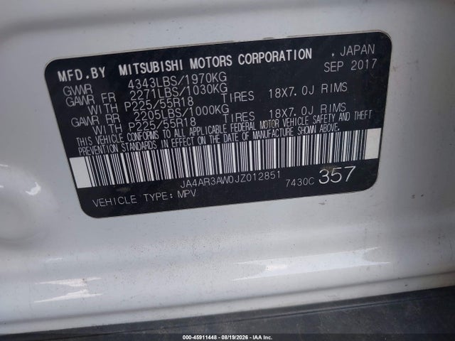 45911448 :رقم المزاد ، JA4AR3AW0JZ012851 vin ، 2018 Mitsubishi Outlander Sport 2.4 Se مزاد بيع