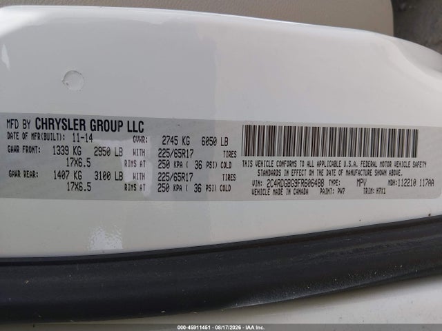 Aukcja sprzedaży 2015 Dodge Grand Caravan American Value Pkg, vin: 2C4RDGBG9FR606488, numer aukcji: 45911451