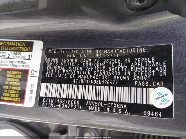 45911457 :رقم المزاد ، 4T1BD1FK0EU126477 vin ، 2014 Toyota Camry Hybrid Xle مزاد بيع