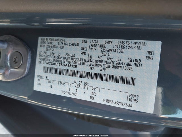 45911463 :رقم المزاد ، 1FMCU0E15SUA35126 vin ، 2025 Ford Escape Phev مزاد بيع