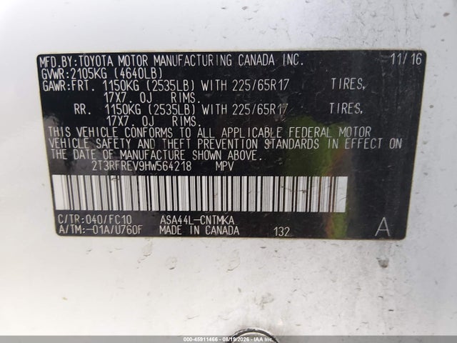 2T3RFREV9HW564218 Toyota Rav4 Xle