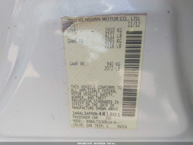 2013 Nissan Altima 2.5 Sv მანქანა იყიდება აუქციონზე, vin: 1N4AL3AP4DN481801, აუქციონის ნომერი: 45911478