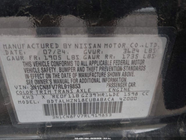 2024 Nissan Versa 1.6 Sr მანქანა იყიდება აუქციონზე, vin: 3N1CN8FV7RL919853, აუქციონის ნომერი: 45911484