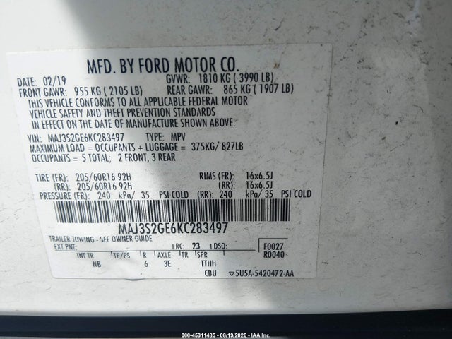 MAJ3S2GE6KC283497 Ford Ecosport Se