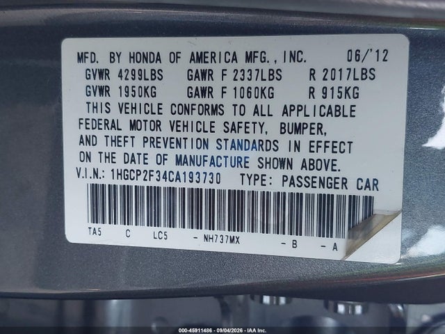 Продажа на аукционе авто 2012 Honda Accord Sdn Lx, vin: 1HGCP2F34CA193730, номер лота: 45911486