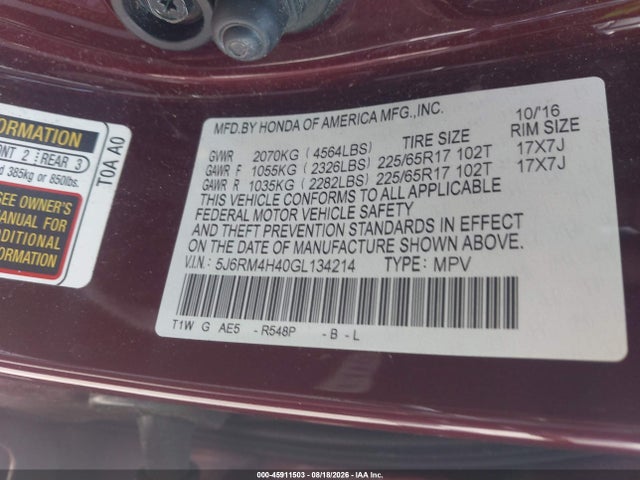 Продаж на аукціоні авто 2016 Honda Cr-v Se, vin: 5J6RM4H40GL134214, номер лоту: 45911503