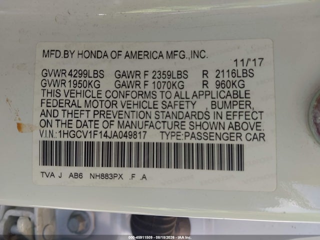 Honda ACCORD LX 2018 1HGCV1F14JA049817 Image 9