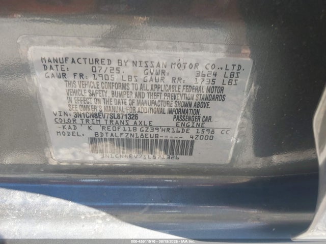 2025 Nissan Versa 1.6 Sv მანქანა იყიდება აუქციონზე, vin: 3N1CN8EV7SL871326, აუქციონის ნომერი: 45911510