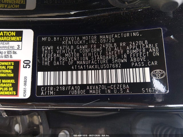 2020 Toyota Camry L მანქანა იყიდება აუქციონზე, vin: 4T1A11AKXLU507682, აუქციონის ნომერი: 45911515