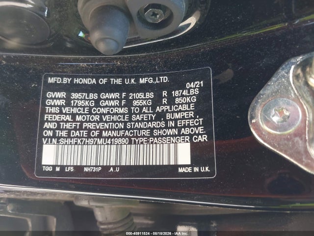 Aukcja sprzedaży 2021 Honda Civic Sport Touring, vin: SHHFK7H97MU419890, numer aukcji: 45911524