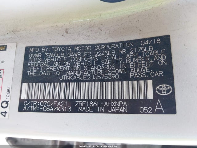 Продажа на аукционе авто 2018 Toyota Corolla Im, vin: JTNKARJE2JJ575390, номер лота: 45911529