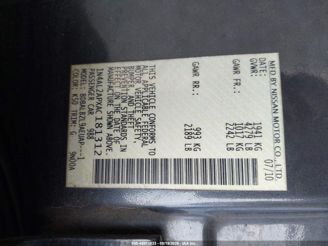 Aukcja sprzedaży 2010 Nissan Altima 2.5 S, vin: 1N4AL2APXAC181312, numer aukcji: 45911533