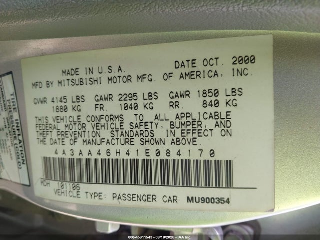 45911543 :رقم المزاد ، 4A3AA46H41E084170 vin ، 2001 Mitsubishi Galant Es V6/gtz مزاد بيع