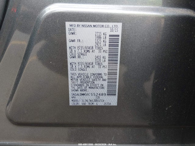 45911558 :رقم المزاد ، 5N1AL0MM5FC552489 vin ، 2015 Infiniti Qx60 مزاد بيع