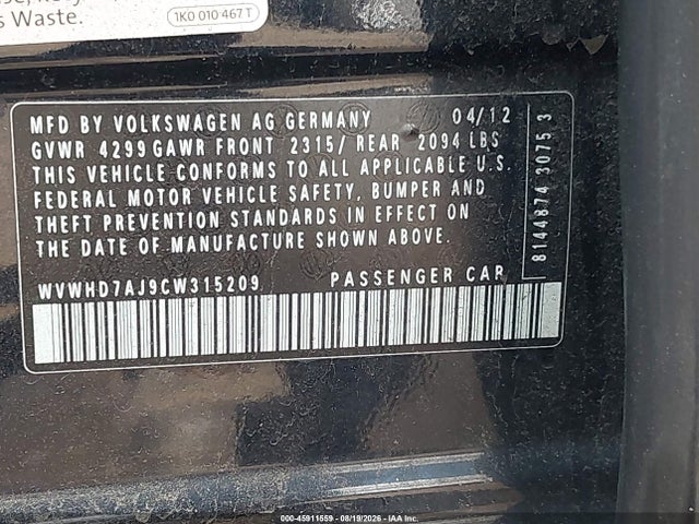 2012 Volkswagen Gti 4-door Autobahn მანქანა იყიდება აუქციონზე, vin: WVWHD7AJ9CW315209, აუქციონის ნომერი: 45911559