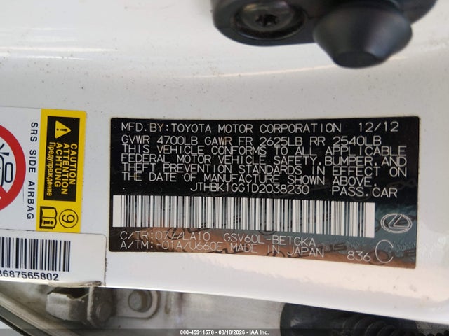 Aukcja sprzedaży 2013 Lexus Es 350, vin: JTHBK1GG1D2038230, numer aukcji: 45911578