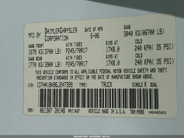 Продажа на аукционе авто 2006 Dodge Ram 1500 Slt, vin: 1D7HA18N96J247399, номер лота: 45911593