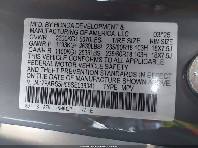 Aukcja sprzedaży 2025 Honda Cr-v Hybrid Sport, vin: 7FARS5H56SE038341, numer aukcji: 45911594