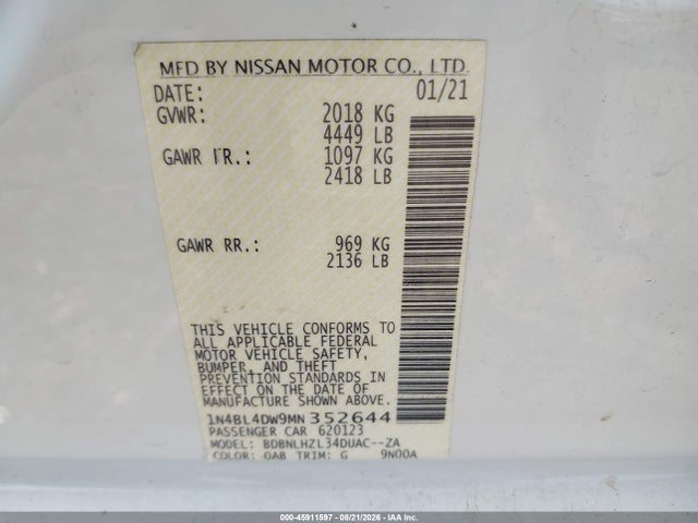 Aukcja sprzedaży 2021 Nissan Altima Sv Intelligent Awd, vin: 1N4BL4DW9MN352644, numer aukcji: 45911597