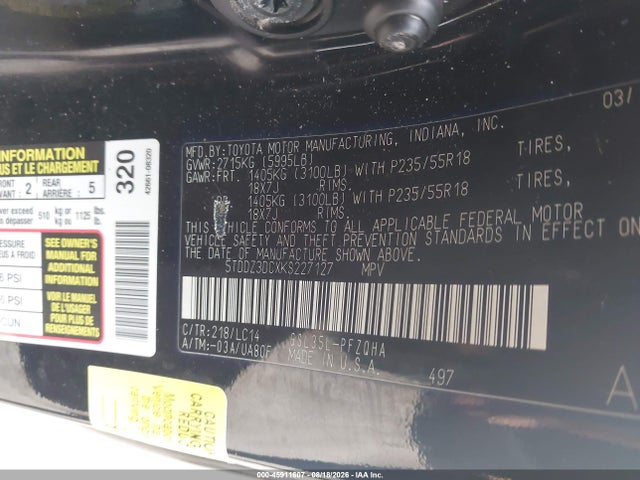 2019 Toyota Sienna Xle Premium 7 Passenger მანქანა იყიდება აუქციონზე, vin: 5TDDZ3DCXKS227127, აუქციონის ნომერი: 45911607