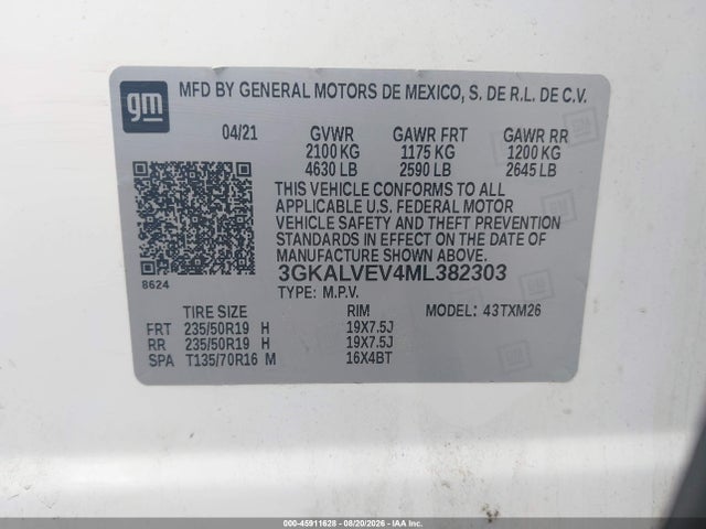 2021 Gmc Terrain Awd Slt მანქანა იყიდება აუქციონზე, vin: 3GKALVEV4ML382303, აუქციონის ნომერი: 45911628