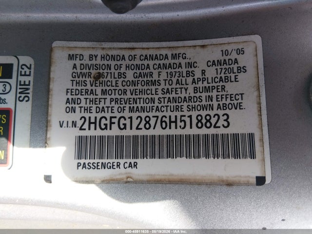 Продажа на аукционе авто 2006 Honda Civic Ex, vin: 2HGFG12876H518823, номер лота: 45911635