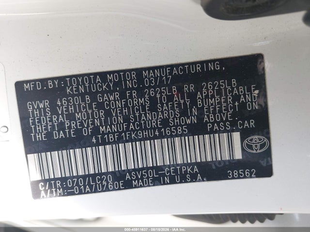 4T1BF1FK9HU416585 Toyota CAMRY XSE