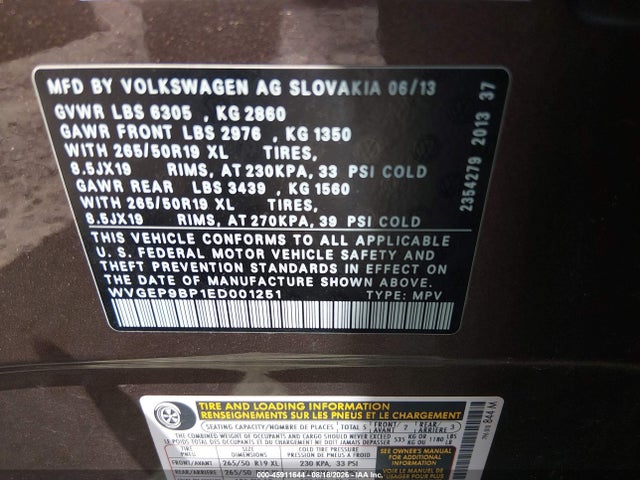 Продажа на аукционе авто 2014 Volkswagen Touareg Tdi Lux, vin: WVGEP9BP1ED001251, номер лота: 45911644