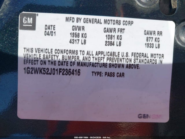 Продаж на аукціоні авто 2001 Pontiac Grand Prix Se, vin: 1G2WK52J01F236416, номер лоту: 45911664