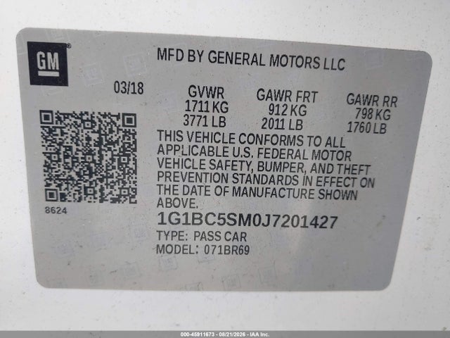 Aukcja sprzedaży 2018 Chevrolet Cruze Ls Auto, vin: 1G1BC5SM0J7201427, numer aukcji: 45911673