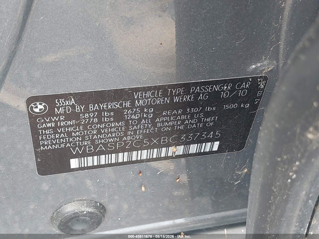 45911678 :رقم المزاد ، WBASP2C5XBC337345 vin ، 2011 Bmw 535i Gran Turismo Xdrive مزاد بيع