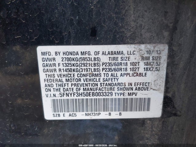 5FNYF3H50EB003329 Honda Pilot Ex-l