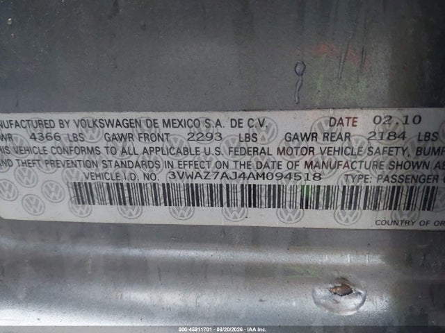 Продаж на аукціоні авто 2010 Volkswagen Jetta Limited Edition, vin: 3VWAZ7AJ4AM094518, номер лоту: 45911701