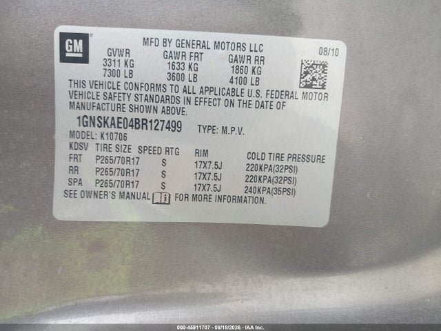 Продаж на аукціоні авто 2011 Chevrolet Tahoe Ls, vin: 1GNSKAE04BR127499, номер лоту: 45911707