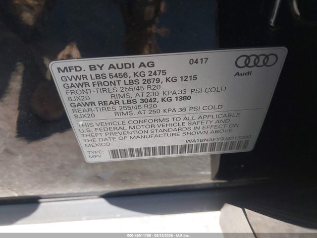 Aukcja sprzedaży 2018 Audi Q5 2.0t Premium/2.0t Tech Premium, vin: WA1BNAFY9J2013200, numer aukcji: 45911708
