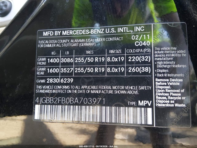 Aukcja sprzedaży 2011 Mercedes-benz Ml 350 Bluetec 4matic, vin: 4JGBB2FB0BA703971, numer aukcji: 45911715