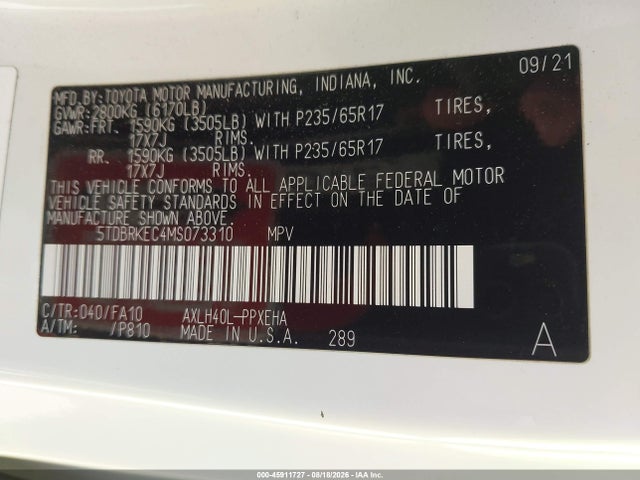 Toyota SIENNA LE 2021 5TDBRKEC4MS073310 Image 9