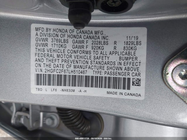 45911728 :رقم المزاد ، 2HGFC2F67LH510467 vin ، 2020 Honda Civic Lx مزاد بيع