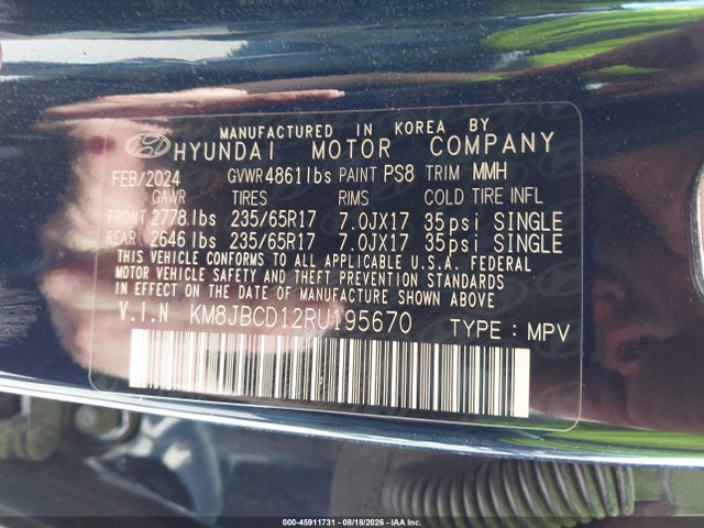 Aukcja sprzedaży 2024 Hyundai Tucson Hybrid Blue, vin: KM8JBCD12RU195670, numer aukcji: 45911731