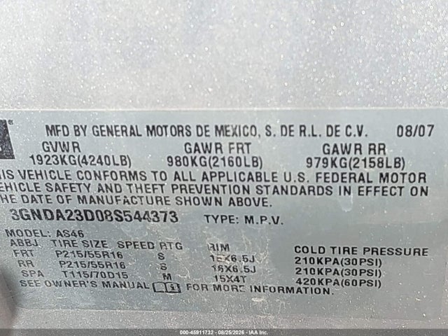 Aukcja sprzedaży 2008 Chevrolet Hhr Lt, vin: 3GNDA23D08S544373, numer aukcji: 45911732