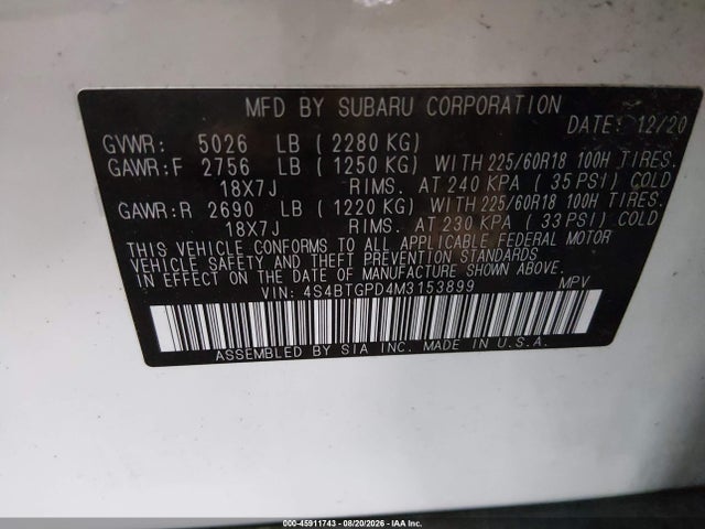 Aukcja sprzedaży 2021 Subaru Outback Touring Xt, vin: 4S4BTGPD4M3153899, numer aukcji: 45911743