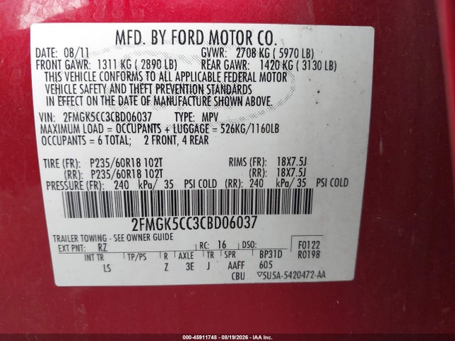 Продажа на аукционе авто 2012 Ford Flex Sel, vin: 2FMGK5CC3CBD06037, номер лота: 45911748
