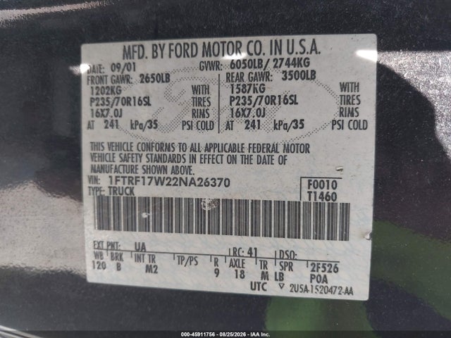 Продажа на аукционе авто 2002 Ford F-150 Xl/xlt, vin: 1FTRF17W22NA26370, номер лота: 45911756