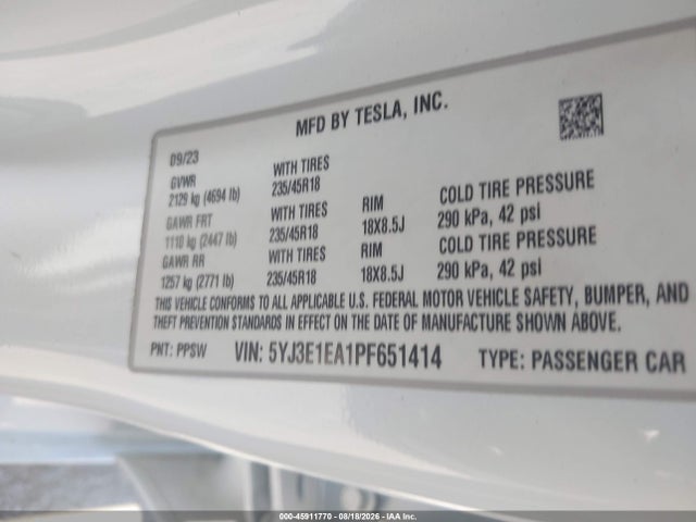 Продажа на аукционе авто 2023 Tesla Model 3 Rear-wheel Drive, vin: 5YJ3E1EA1PF651414, номер лота: 45911770