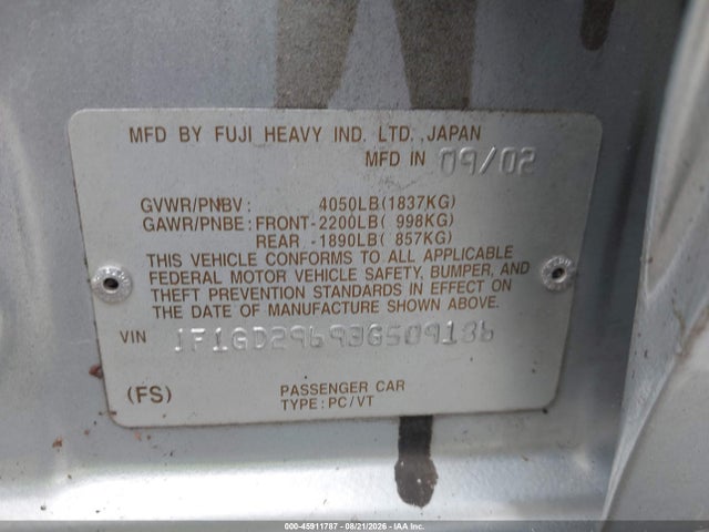 2003 Subaru Impreza Wrx მანქანა იყიდება აუქციონზე, vin: JF1GD29693G509186, აუქციონის ნომერი: 45911787